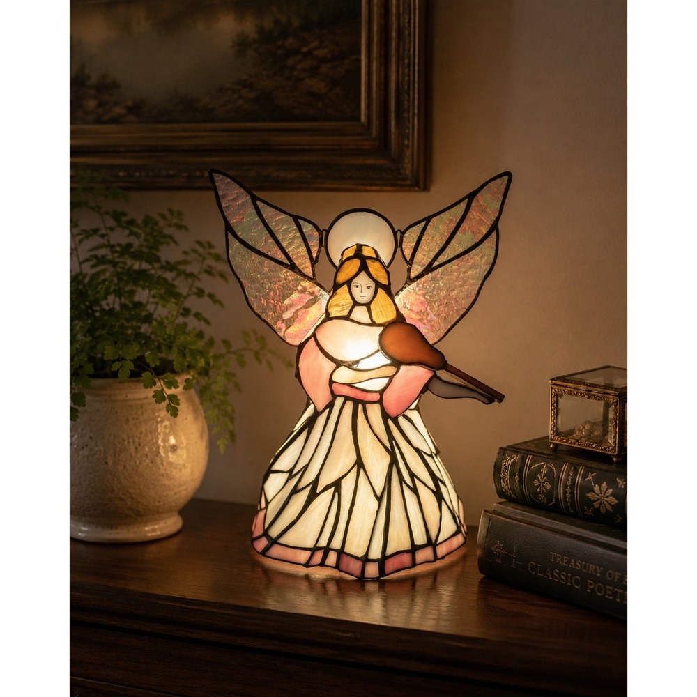 Vtgโ Tiffany Style Stained Glass Angel Accent Lamp Night Light Iridescent